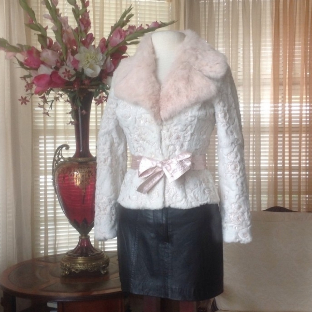 Bebe Rare White and Pink Genuine Rabbit Fur Jacket
